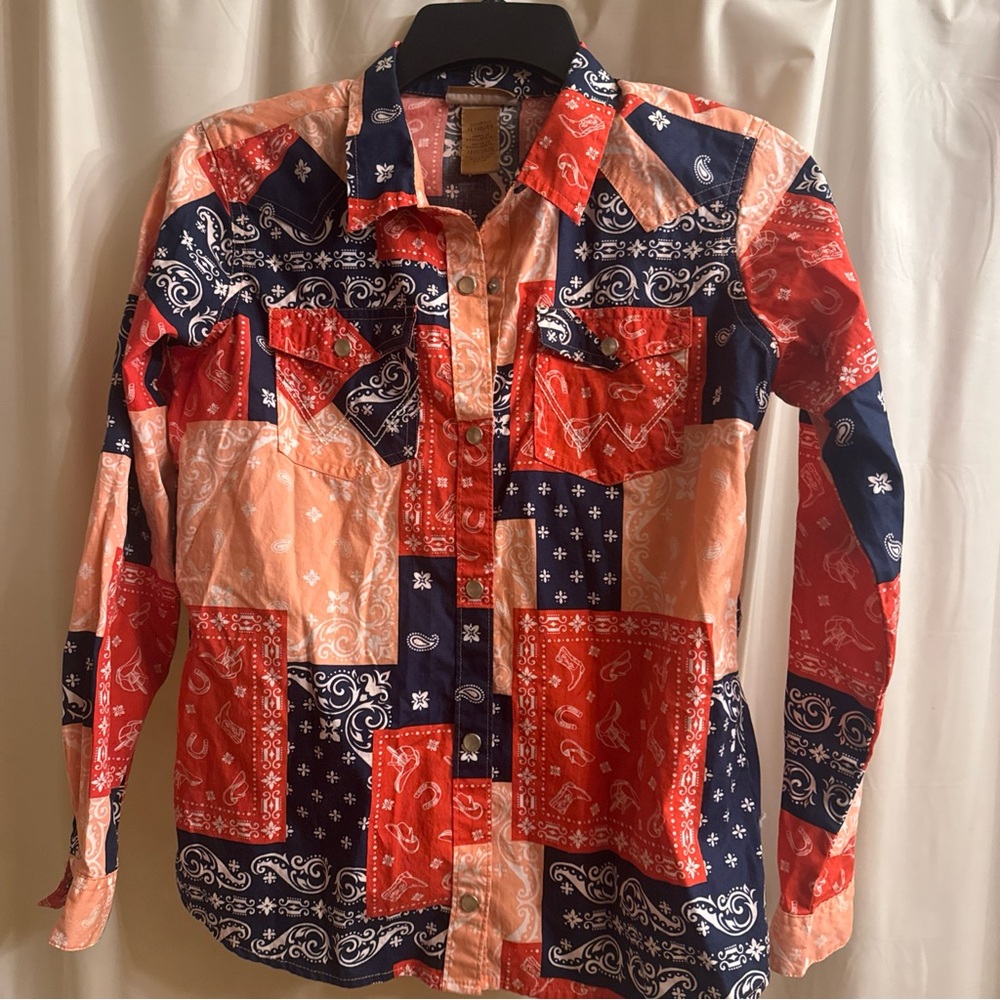 Wrangler Bandana Patchwork Girls XL Equestrian Shirt in Red and Navy